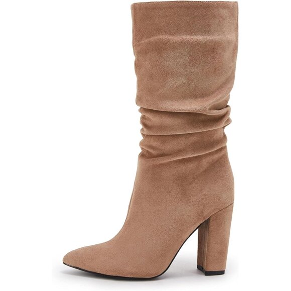 Women's Khaki Suede Mid Calf High Slouchy Chunky Heel Block Pointed Toe Boots - Picture 3 of 5